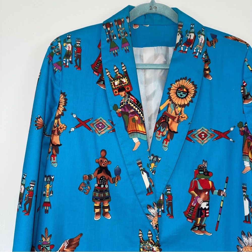 Vibrant Blue Jacket with Native American Print